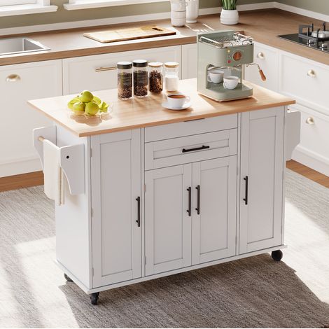 Isola da cucina mobile 136 x 70 x 92 cm, piano estensibile, bianco e legno naturale DESVIAE (1/5)