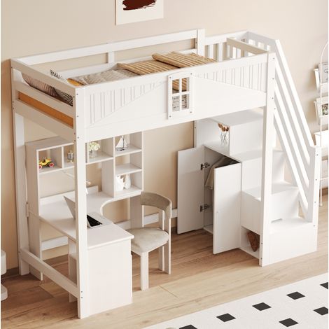 Lit mezzanine moderne 90x200 cm en bois massif blanc, avec barrières de sécurité, fenêtres et échelle réversible avec rangements (1/5)
