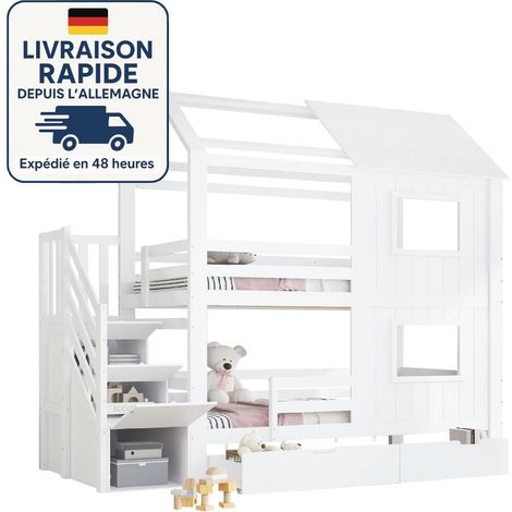 Litera infantil 90x200 - Con amplio espacio de almacenamiento - Ventanas y techo atractivos - Pintura sin formaldehído - Madera con certificación PEFC - Blanca (1/5)
