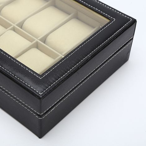 Coffre à montres avec tiroir à bijoux pour 12 montres, boîte de rangement noire (1/4)