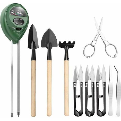MINE 9 outils pour bonsaï avec humidimètre du sol, capteur d'humidité 3-en-1 / lumière du soleil / pH, comprend un sécateur, des ciseaux pliants, un mini râteau, un ensemble de coupe-bourgeons et de f (1/5)