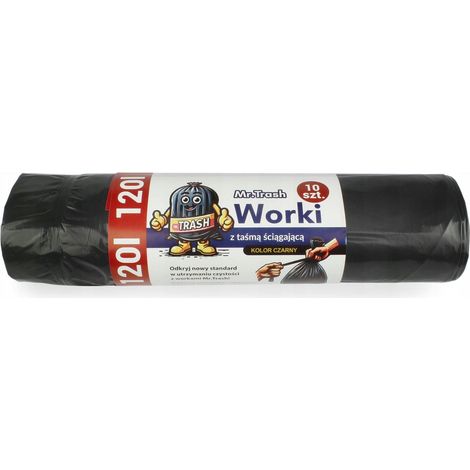 Sacs poubelle noirs épais 120 L, 10 unités, 0,4 kg, 70 x 100 cm, avec ruban de serrage