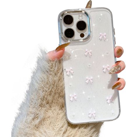 Coque pour iPhone 15 Pro Max, motif nœud papillon 3D, design esthétique avec nœud scintillant transparent, fine, souple et résistante. (1/4)