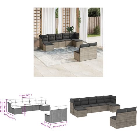 vidaXL Salon de jardin 9 pcs avec coussins gris résine tressée (1/3)