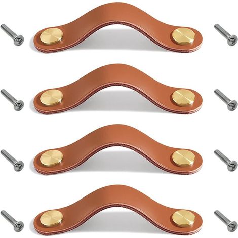 YMYNY Lot de 4 poignées de meubles en cuir, boutons en cuir véritable et cuivre, poignées d'armoire, poignées en cuir pour armoires et placards de cuisine (marron clair, double trou) (1/5)