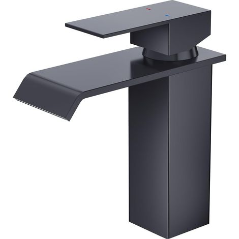 Robinet Cascade Lavabo Noir, Mitigeur Salle de Bain avec Bonde de Lavabo Pop-up, Moderne Mitigeur Lavabo Cascade, Robinet Salle de Bain avec Bec Grand, Noir Mat (1/5)