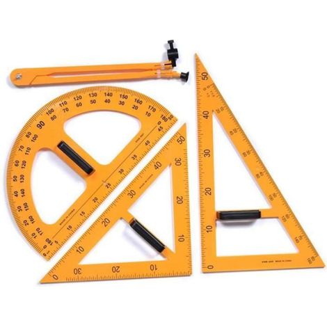 Rapporteur - Règle Triangle - Compas - Outils Géométrie Enseignement - Pour Tableau Noir - Lot de 4 Pièces