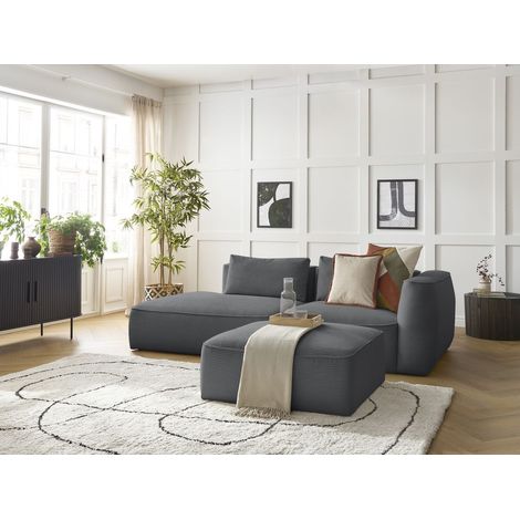 BOBOCHIC - Canapé droit fixe 3 places LEOPOLD velours côtelé avec pouf Accoudoir droit  Gris foncé (1/5)