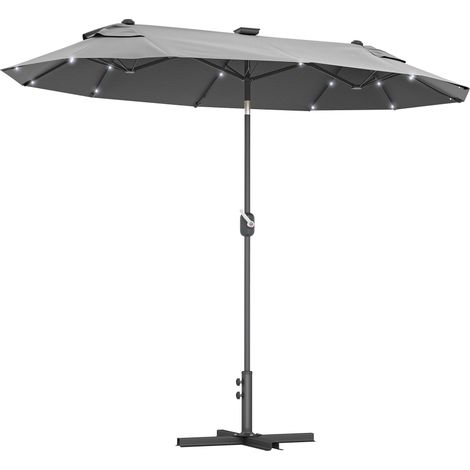 Parasol double de jarden 295 x 150 x 219 cm avec éclairage solaire LED, toile enclenable et manivelle, gris