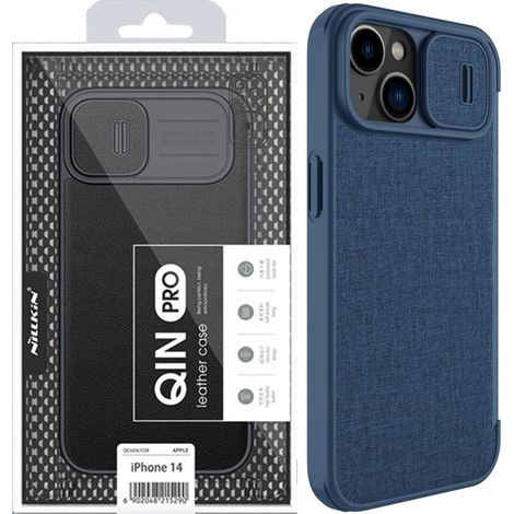 Custodia Nillkin Qin Cloth Pro per iPhone 14 Plus con protezione per la fotocamera, fondina e chiusura a libro, colore blu. (1/5)