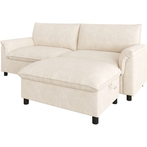 Canapé d'angle modulable Cloud en chenille beige avec pouf mobile, grand confort, dimensions L216 x H82 x P77 cm (1/5)