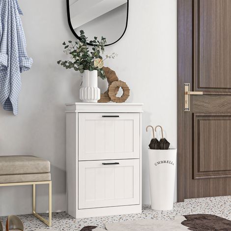 Meuble à chaussures étroit avec 2 tiroirs abattants, étagère à chaussures d'entrée avec étagères réglables pour 10 paires, blanc