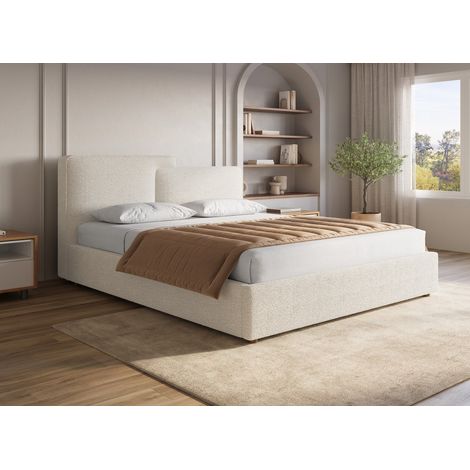 Deco In Paris – Lit coffre en tissu bouclette beige 160x200 cm – Rangement sous sommier – Tête de lit asymétrique – Confort moderne