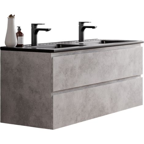 BERNSTEIN - Mobile lavabo doppio sospeso MDF grigio cemento, lavelli nero opaco + fori rubinetto, troppopieno e scarichi - 120x46x50cm - AVA	Calcestruzzo, Nero opaco