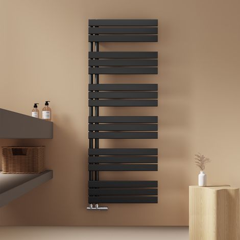 EMKE Badheizkörper Flach 1599x600 mm Schwarz Handtuchwärmer Handtuchtrockner, Panel Handtuchhalter Seitenanschluss für Bad Warmwasser 958W (1/5)