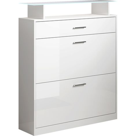 Muebles Bonitos – Meuble à chaussures avec LED – 105x89x24cm – 2 portes battantes et 1 tiroir – Structure en mélamine brillante – Étagère en verre éclairée
