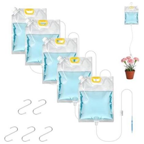 5PCS 5 L Sac Darrosage Automatique Kit, Sacs D'irrigation Goutte à pour Plantes, avec Commande Réglable et S Crochets, Systeme Arrosage Automatique, Plante Irrigation Jardin Vacances - (1/5)