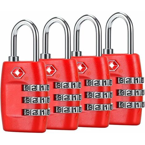 Cadenas à bagages (lot de 4) - Cadenas à combinaison à 3 chiffres - Cadenas homologué TSA pour valises et bagages (rouge) (1/5)