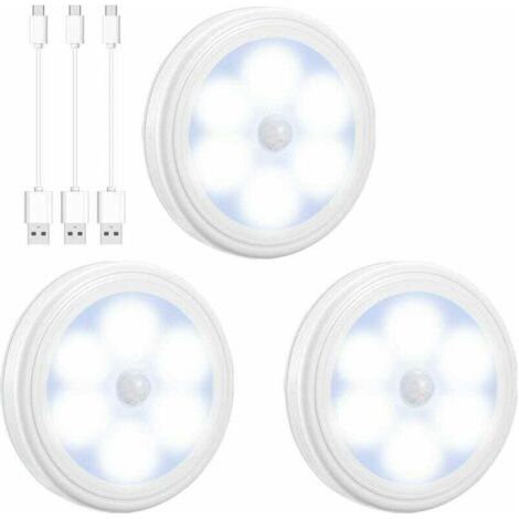 Lampe Détecteur de Mouvement à LED, Lampe de Placard Rechargeable par USB, 6 LED Lampe Escalier pour Penderie, Étagère, Entrée, Garage, Cuisine, Passage (Lot de 3, Blanc) (1/2)