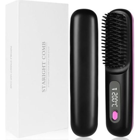 (Noir)Brosse Lissante Pour Cheveux,Lisseur Cheveux Sans Fil Portable Mini Lisseur Cheveux Brosse avec ÉCran 3 Température Réglable,Noir (1/5)