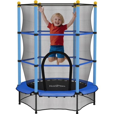 Trampoline pour enfants avec filet de sécurité et poteaux rembourrés, 3-10 ans, Ø140 x 190 cm, bleu