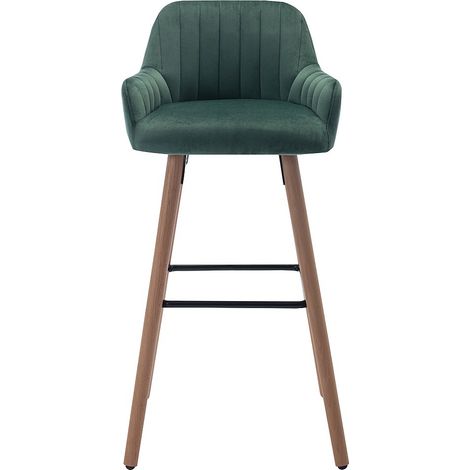 Tabouret de bar en velours et pieds bois de hêtre - Vert foncé - ELEANA (1/4)