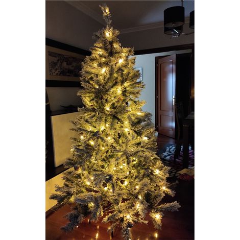 Árbol de Navidad LED Nevado 210cm con Piñas y Bolitas Rojas (1/2)