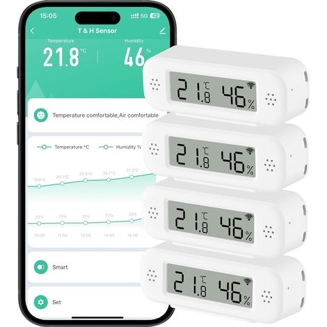 Capteur de thermomètre et hygromètre Wifi, capteur de température et d'humidité avec alarme de notification d'application à distance, compatible avec Alexa(4 pièces) (1/5)
