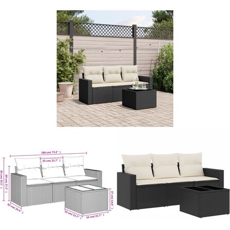 Salon de jardin 4 pcs avec coussins noir résine tressée - Ensemble Salon De Jardin - Meuble De Jardin - Canapé D'extérieur - Résine Tressée - Rotin Synthétique - Home & Living (1/3)