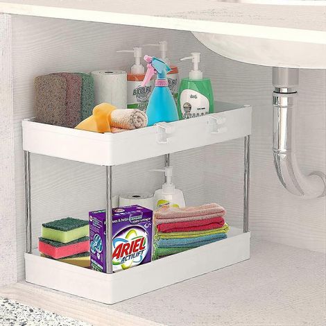Organisateur sous évier, organisateur de rangement à 2 niveaux sous évier, étagère sur pied pour salle de bain, paniers coulissants avec crochets pour salle de bain, rangement multifonctionnel (1/5)
