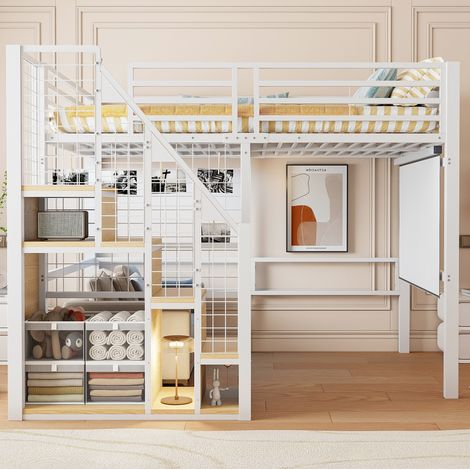 Cama alta juvenil con almacenaje metálica blanca OKMYHOME (1/5)