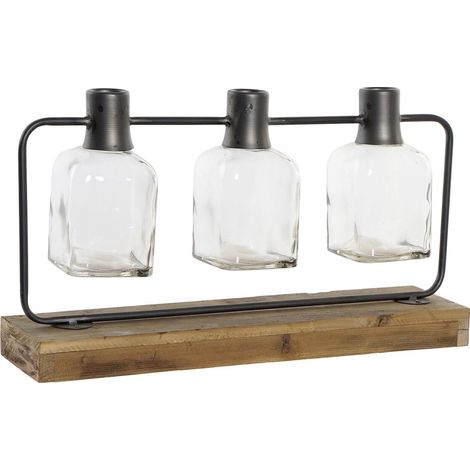 Vase Noir Naturel métal Verre Bois de Paulownia 49 x 11 x 27 cm 3 pièces