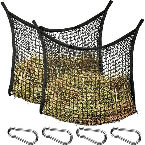 Lot de 2 filets à foin pour chevaux - 80 x 90 cm - Grand filet à foin avec 4 mousquetons - Faible poussière et économie de foin - Noir - Robuste pour chevaux, poneys, chèvres (1/5)