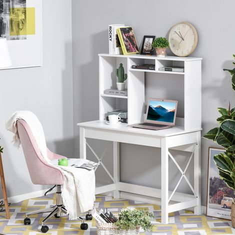 Moderner Schreibtisch aus Holz mit Stauraum, Bücherregal, Ablagen und großer Arbeitsfläche für kleine Räume, Zuhause, Schlafzimmer, 105 x 50 x 137,5 cm, weiß