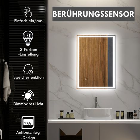Miroir mural salle de bain LED blanc avec interrupteur tactile, éclairage moderne, design rectangulaire
