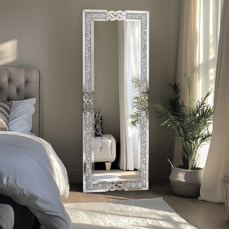 Sparkling Crystals Diamond Embedded Freestanding Full-length Floor Mirror Wall Mountable (1/5)