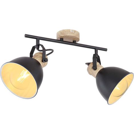 Vintage Deckenlampe Deckenleuchte Deckenstrahler Wohnzimmerlampe, verstellbare Spots, Holz Optik, Metall schwarz braun, 2x E27, LxBxH 35x15x21,5cm