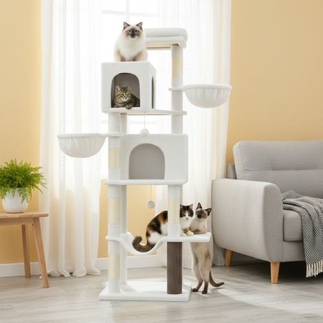 Grand Arbre à Chat 175 cm, 2 Paniers, 2 Niches, 5 Griffoirs, Toilettage Autonome, Hamac, Perchoir,Blanc (1/5)