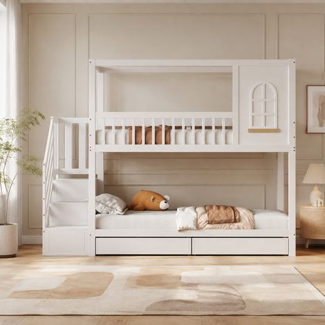 CHICFURN Litera infantil de madera blanca 2x90x200 cm con escalera y 2 cajones (1/5)