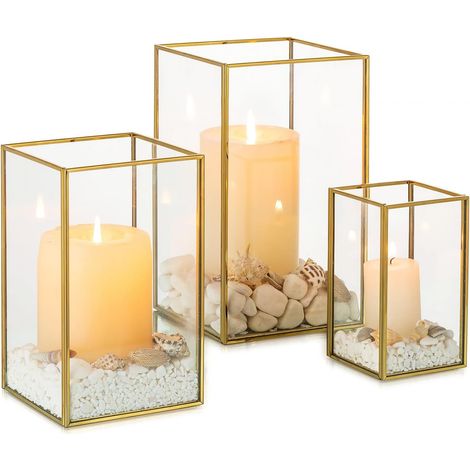 3 Pièces Lanterne Verre Trempé, Carré Or, Hauteurs 20,5cm 16,6cm 12cm, Décoration Intérieur Extérieur (1/5)