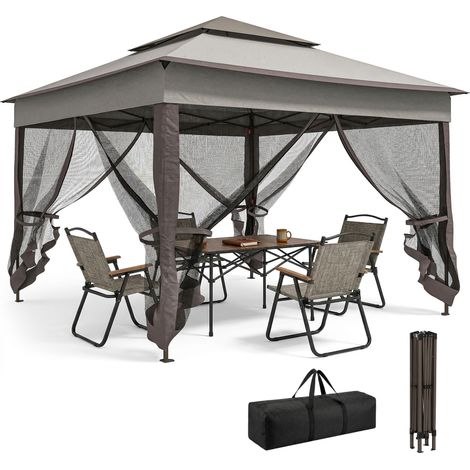3.25 x 3.25m Deluxe Metal Gazebo, with Curtains - Brown and Grey