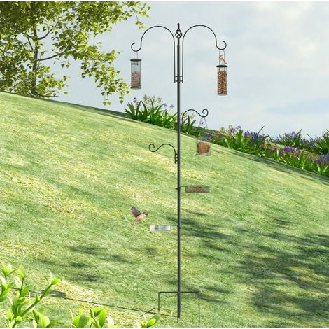 Stazione mangiatoia per uccelli 54.5x54.5x208 cm, 4 ganci regolabili e ciotole incluse, acciaio nero (1/5)