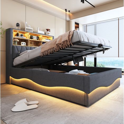 DESVIAE Lit rembourré 140 x 200 cm avec rangement hydraulique éclairage LED contrôlé par application port USB sommier à lattes en métal revêtement en lin gris (1/5)