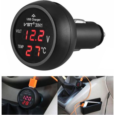 3-in-1 USB-Autoladegerät mit Voltmeter und Thermometer