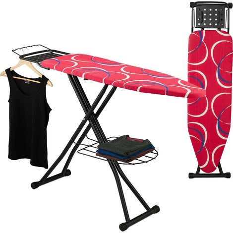 Relaxdays Bügelbrett für Dampfbügeleisen, 110 x 33 cm, höhenverstellbar, klappbar, Kleiderablagen, Bügeltisch, rot