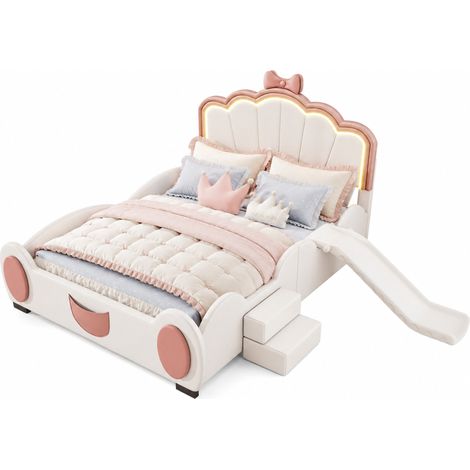 Lit enfant 140x200 cm papillon avec toboggan, échelle et LED à couleurs changeantes, en cuir régénéré rose et blanc, chambre enfant ludique CHICFURN (1/5)