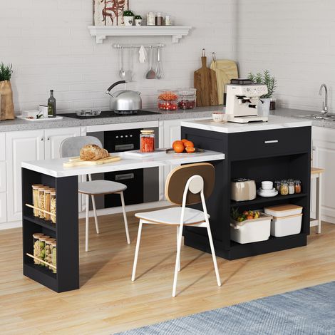 Isola cucina 211x55x89,5 cm in MDF nero e bianco, estensibile per cucina FloraGrace (1/5)