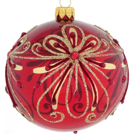 Pallina per albero di Natale in vetro semi-trasparente rosso con motivi floreali dorati da 10 cm (1/4)
