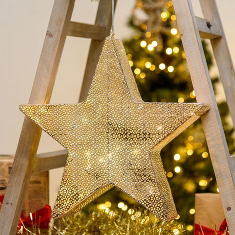 Stella a 5 punte luminosa con led a luce calda in metallo traforata decorazione natalizia -Champagne / Ø40 cm