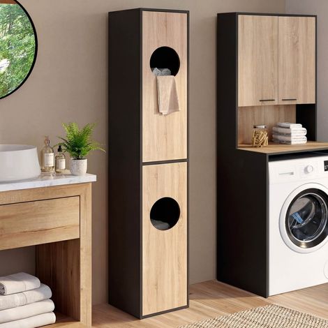 Armario para la ropa de la lavandería, columna de baño WALLIS en negro y madera con acabado de haya (1/5)